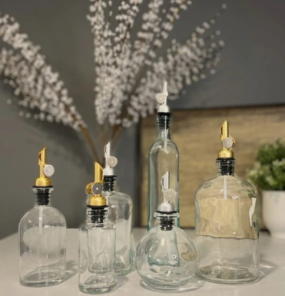 Apothecary Clear Glass Bottles with Weighted Pour Spouts | Gold and Silver Pour Spouts | Perfect ... | Etsy (US)