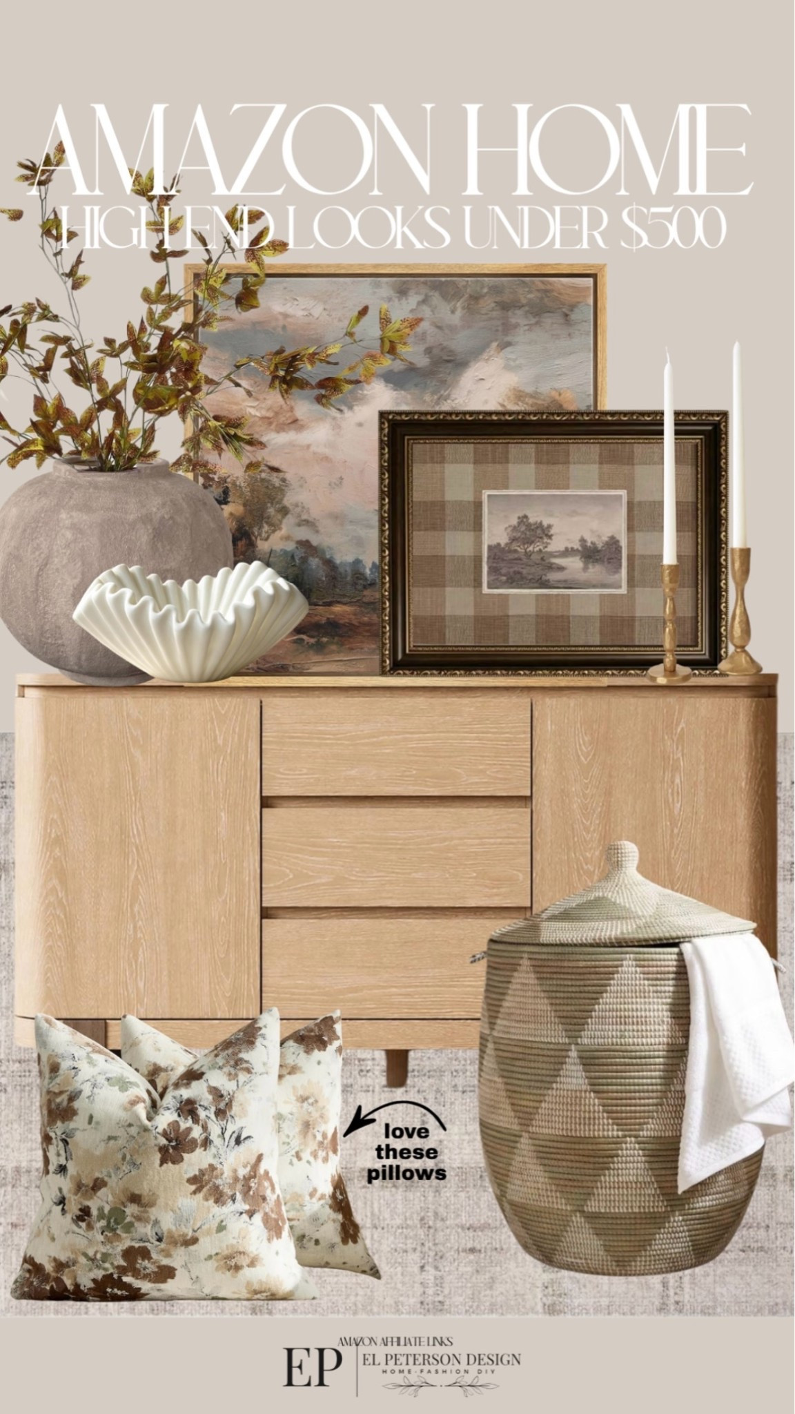 Amazon
Sideboard
Artwork
Candle holder
Basket
Rug
Bowl
Vase
Stems
Pillows 
Artwork

#LTKHome