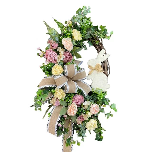 Raruxxin Easter Decorative Wreath, Rabbit Burlap Lace Bow Spring Artificial Flowers Leaves Rattan... | Walmart (US)