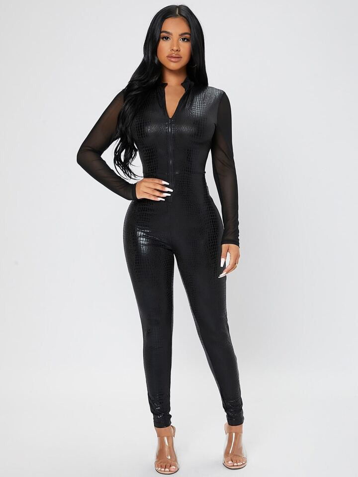 SHEIN PETITE Zip Up Mesh Panel Unitard Jumpsuit | SHEIN