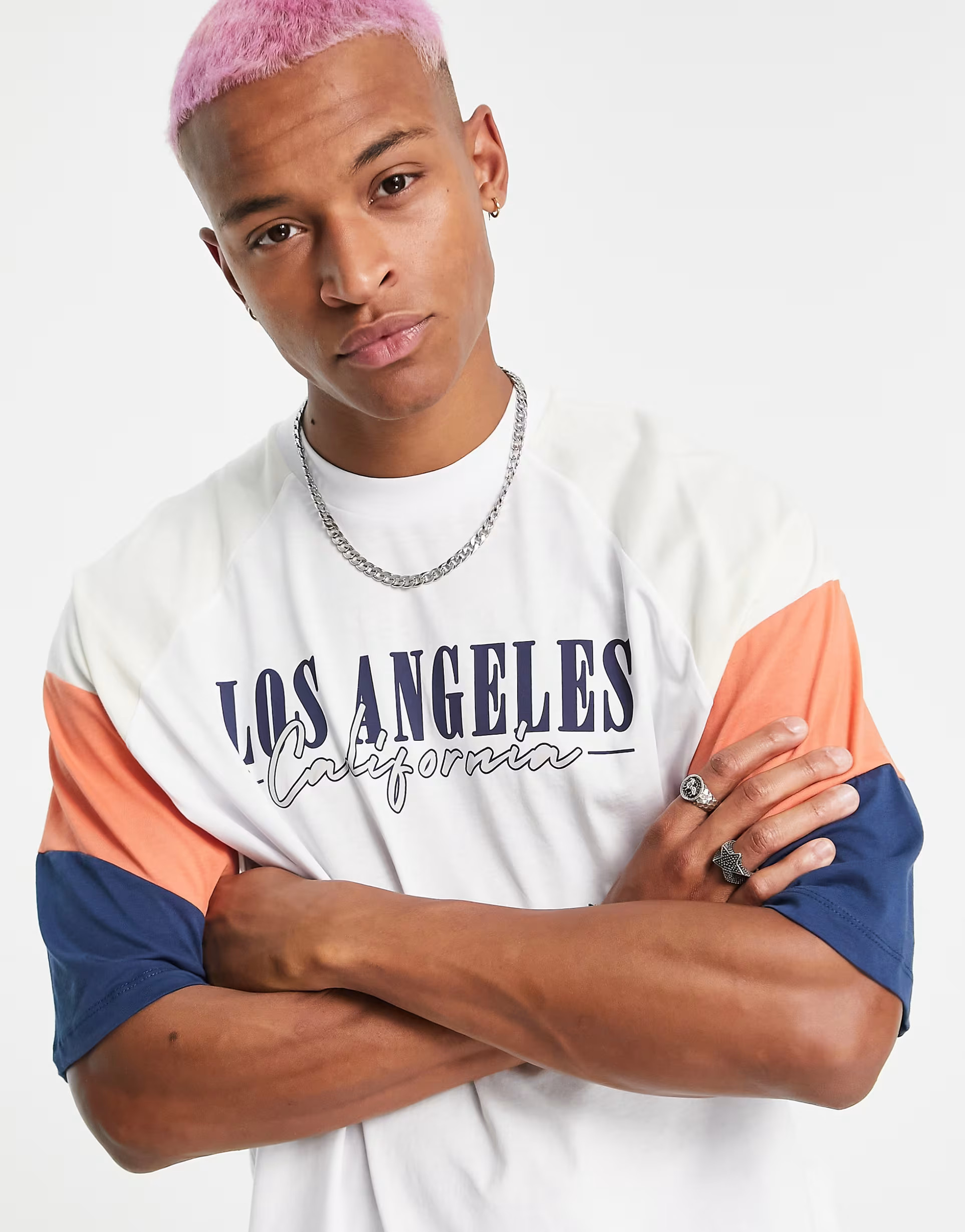 ASOS DESIGN oversized t-shirt in white with orange color block and Los Angeles city print | ASOS (Global)