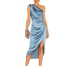 PRETTYGARDEN Women's Elegant Satin Midi Bodycon Dress 2023 Summer One Shoulder Ruched Wrap Cockta... | Amazon (US)