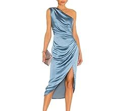 PRETTYGARDEN Women's Elegant Satin Midi Bodycon Dress 2023 Summer One Shoulder Ruched Wrap Cockta... | Amazon (US)