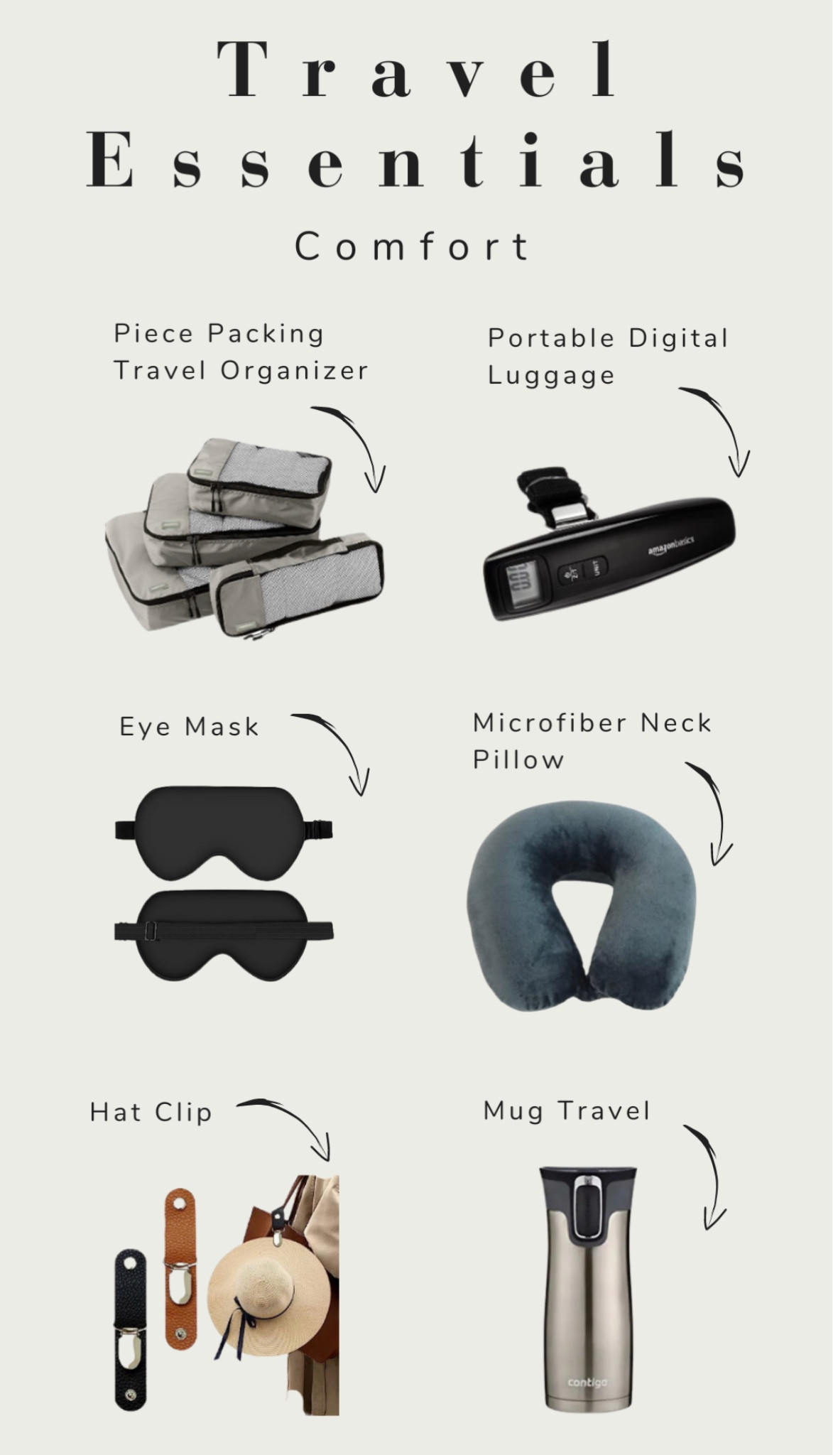 Amazon items, travel essentials, Amazon's travel essentials, Portable Digital Luggage, mugs, organizers for your clothes, Microfiber Neck Pillow, silk eye masks. Check list, traveling, comfort. 
#outfit #summer

#LTKtravel #LTKstyletip #LTKSeasonal