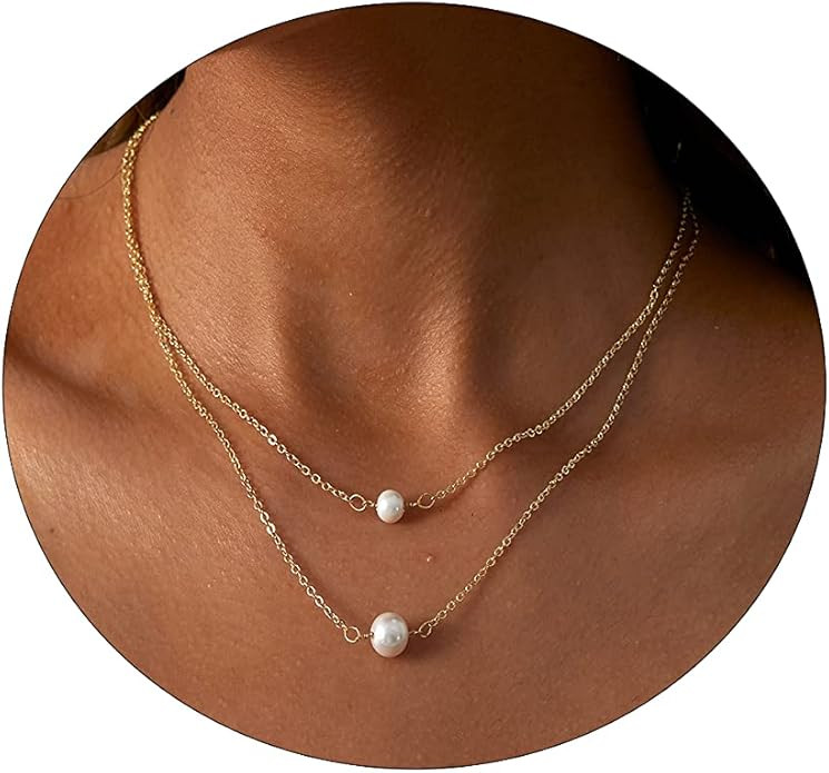 CAROVO Dainty Pearl Pendant Necklaces for Women 14k Gold Plated Barque Pearl Chain Necklace Delic... | Amazon (US)