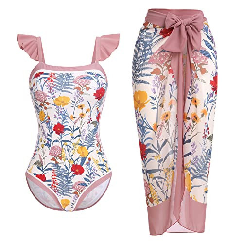 Women's One Piece Swimsuit with Cover up Beach Skirt Retro Floral Printed Swimsuit Bathing Suit Ruffle V-Neck Monokini Swimwear Sarong Coverups Two Piece Bikini Set Beachwear Dusty Pink Floral S | Amazon (US)