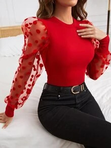 SHEIN Privé Polka Dot Mesh Sleeve Red Top | SHEIN