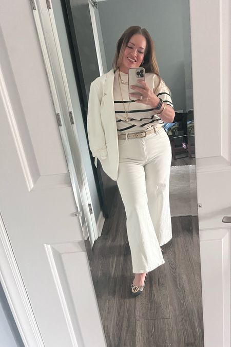 Monochromatic with stripes. Loving this easy spring sweater It takes you into the office and out to dinner. My husband definitely approved this look when I headed out. 

#LTKshoecrush #LTKstyletip #LTKworkwear