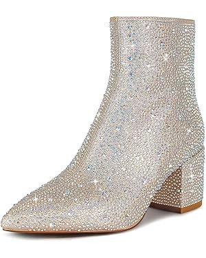 wetkiss Rhinestone/PU Low Chunky Pointed Toe Knee High Boots for Women with Full Bling Sparkly Cr... | Amazon (US)