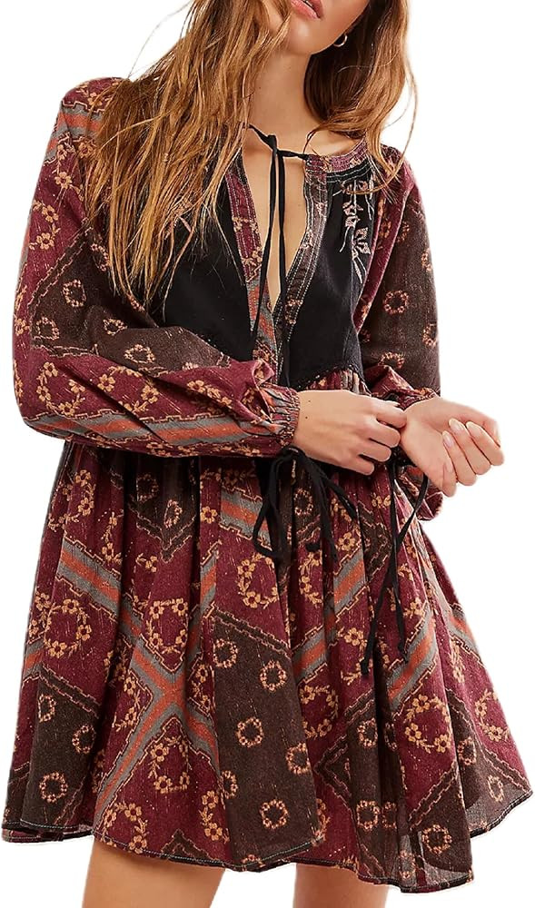 Women Bohemian Floral Short Dress Puff Sleeve Flowy Babydoll Dress Boho Loose Fit Shirt Dress Sum... | Amazon (US)