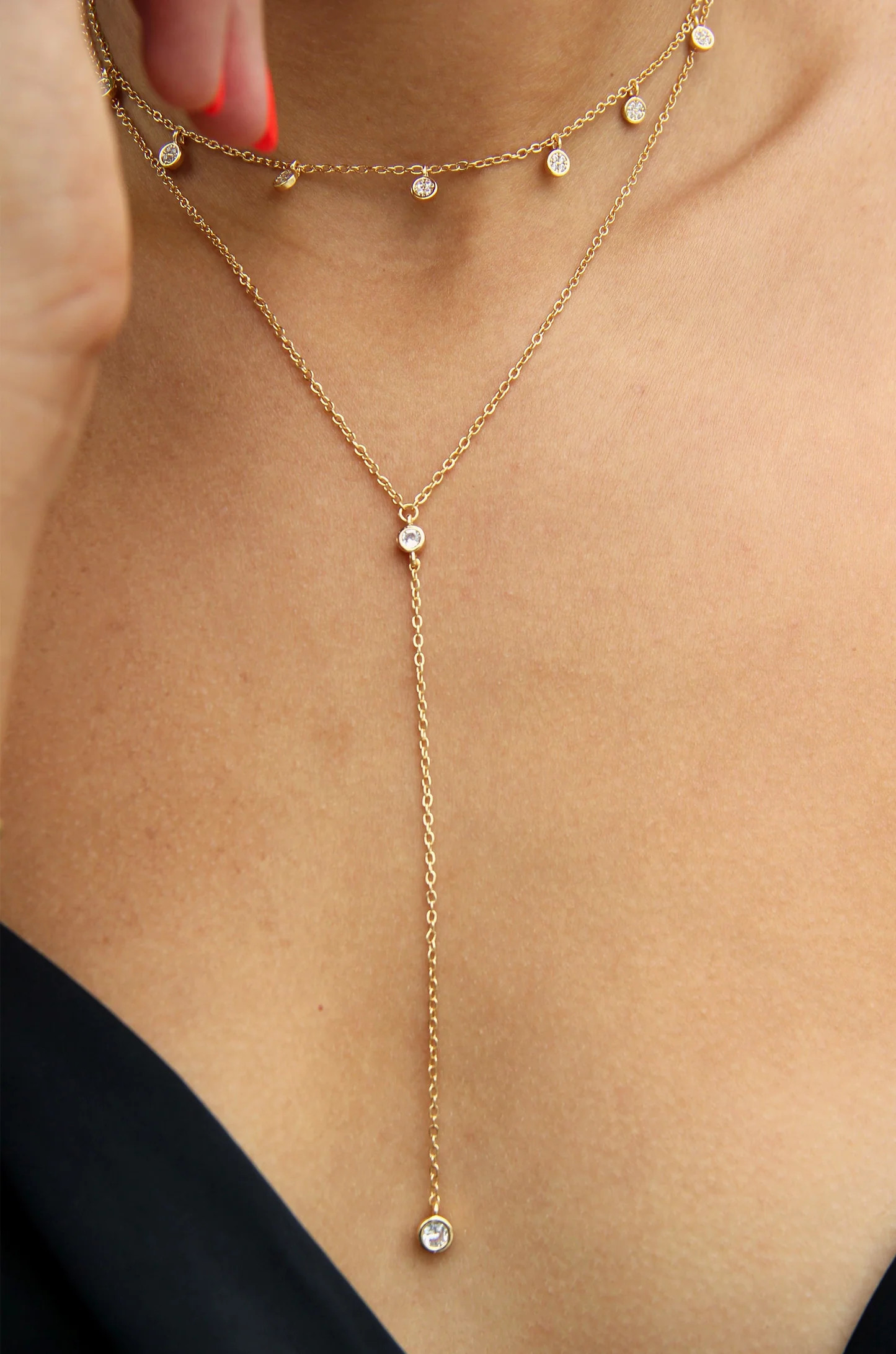 Simplistic Crystal Layered 18k Gold Plated Lariat Necklace Set | Ettika
