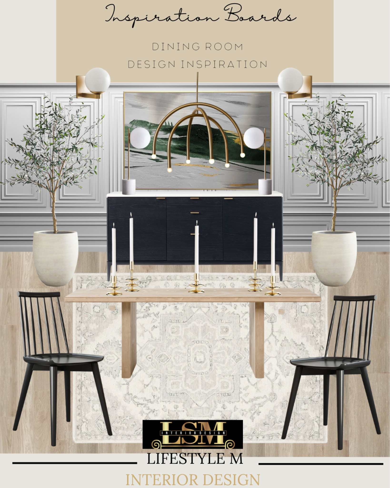 Modern farmhouse dining room inspiration. Recreate the look at home. Black wood dining chairs, wood dining table, white dining room rug, wood floor tiles, gold
Candle holders, white tree planter pot, faux fake tree, black buffet credenza console, wall art, dining room chandelier, brass gold wall sconce light, table lamp.

#LTKhome #LTKFind #LTKstyletip