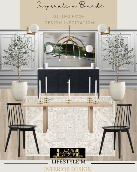 Modern farmhouse dining room inspiration. Recreate the look at home. Black wood dining chairs, wood dining table, white dining room rug, wood floor tiles, gold
Candle holders, white tree planter pot, faux fake tree, black buffet credenza console, wall art, dining room chandelier, brass gold wall sconce light, table lamp.

#LTKhome #LTKFind #LTKstyletip