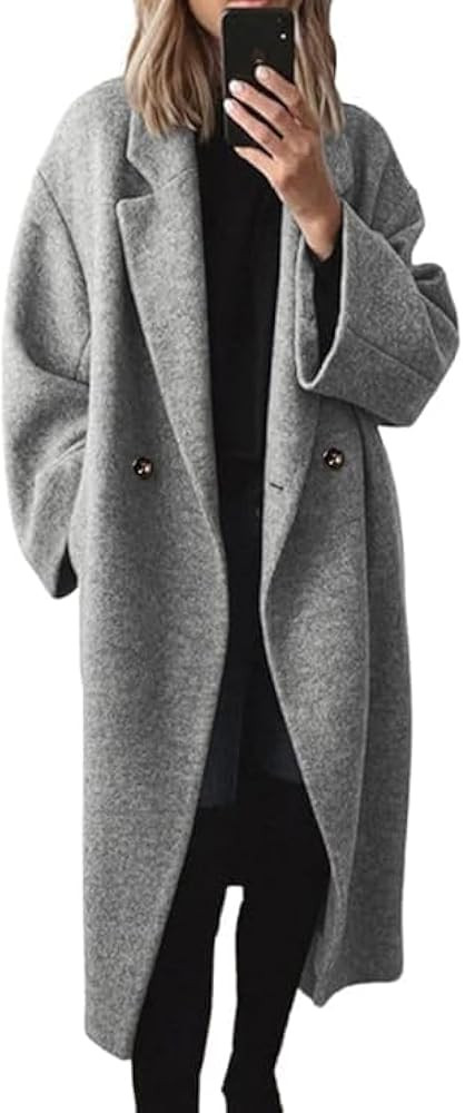 Women's Winter Wool Coat Blended Medium Length Jacket Double Breasted Long Sleeve Notch Lapel Lon... | Amazon (US)