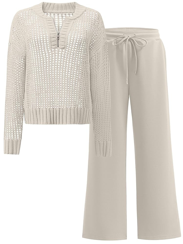 ANRABESS Womens 2 Piece Outfits 2025 Fall Crochet Knit Half Zip Sweater Top Wide Leg Pant Travel ... | Amazon (US)