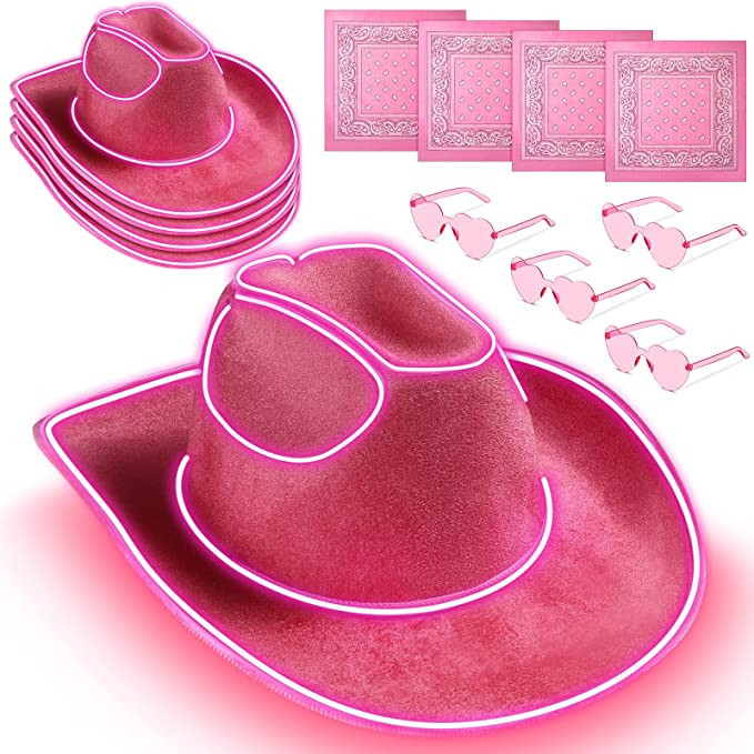 12 Pieces LED Cowgirl Hat Light Up Hat with Heart Sunglasses and Bandanna for Women Girls Party C... | Amazon (US)