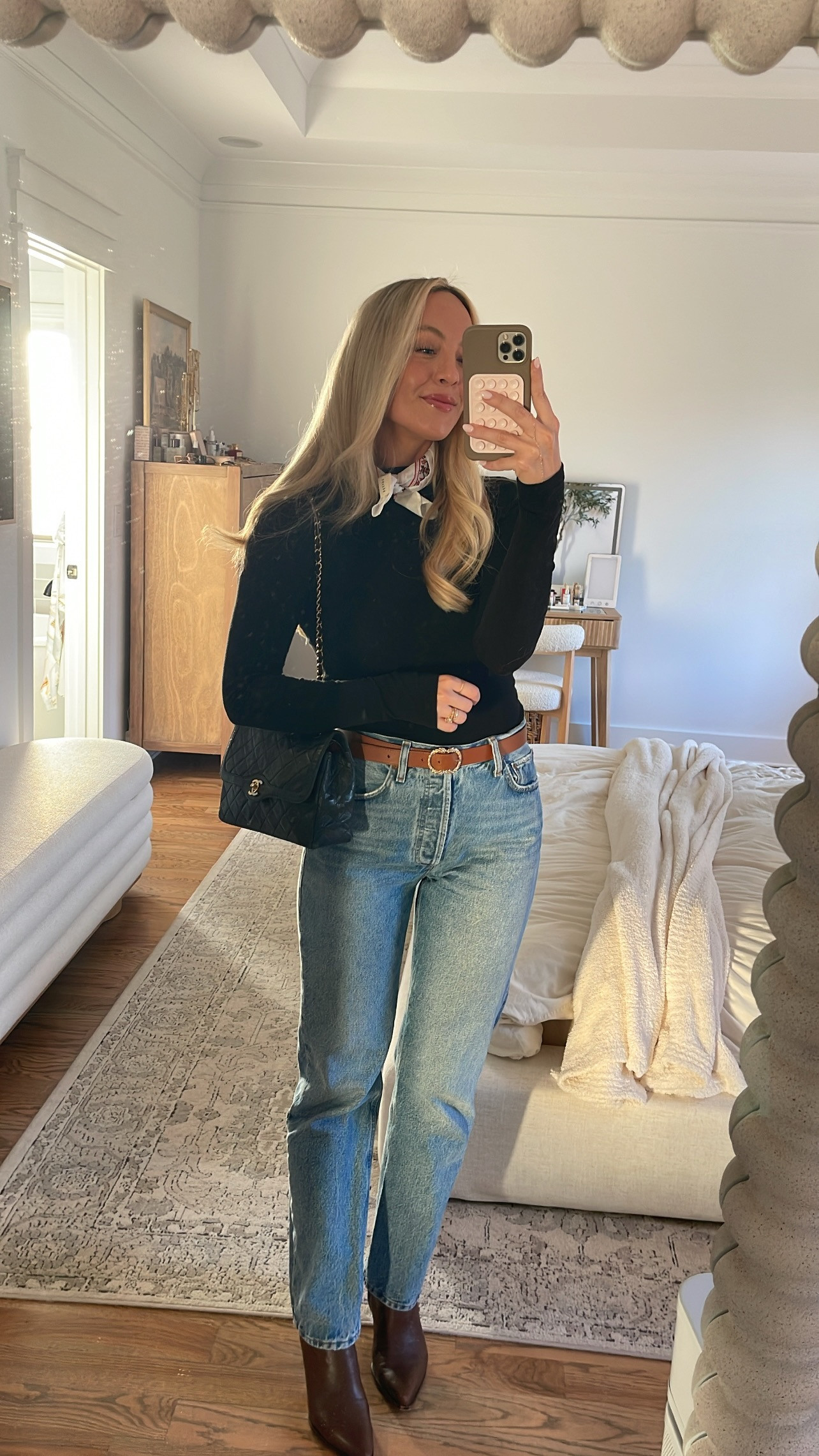 Agolde denim 90’s pinch waist 
Gap turtleneck 
Sezanne scarf 
Sezanne belt 
Chanel bag 
Dolce vita boots  
 

#LTKootd #LTKgrwm #LTKSeasonal