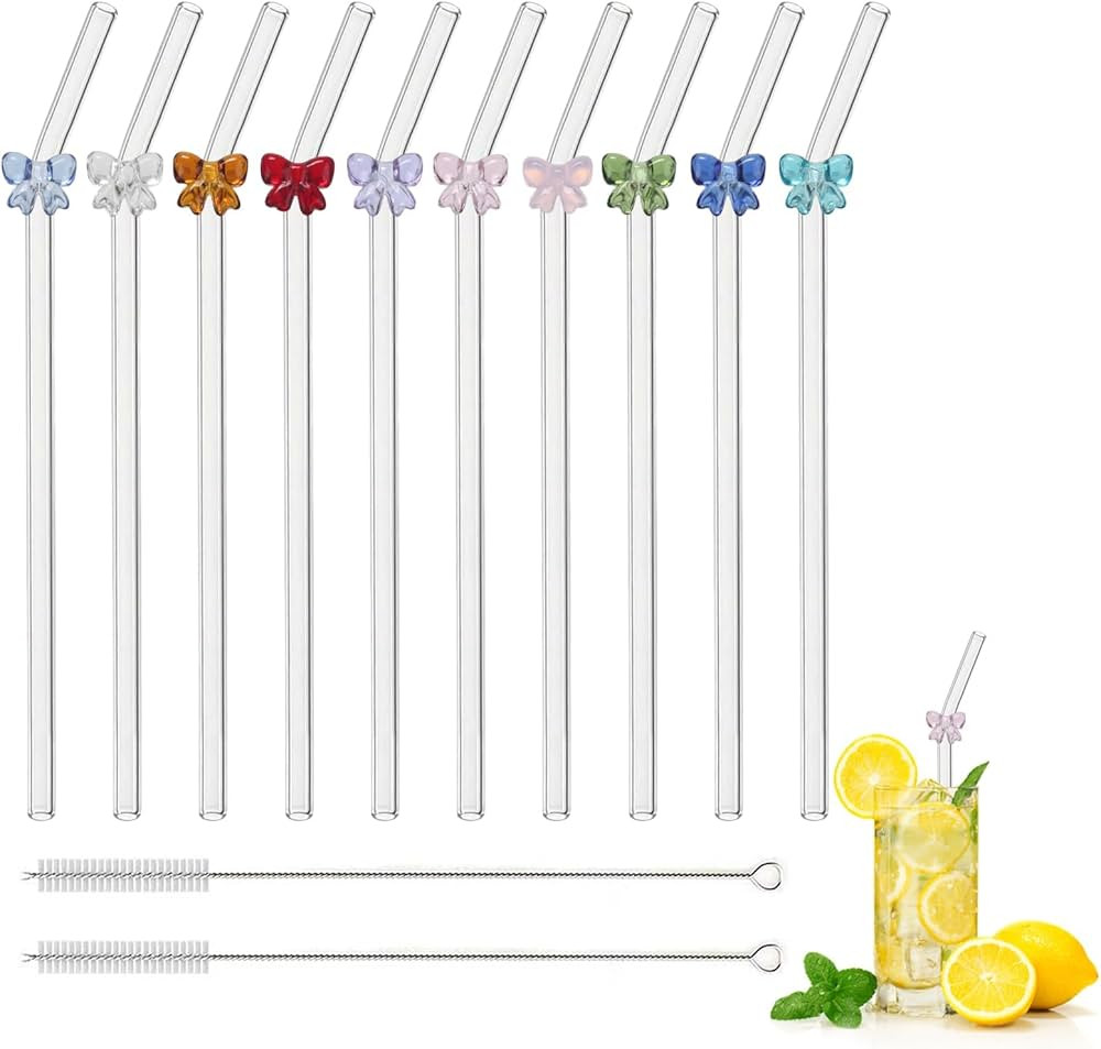 VirtuGro Reusable Glass Straws with Charms, 10Pcs Cute Colorful Bow Straws with 2pcs Cleaning Bru... | Amazon (UK)