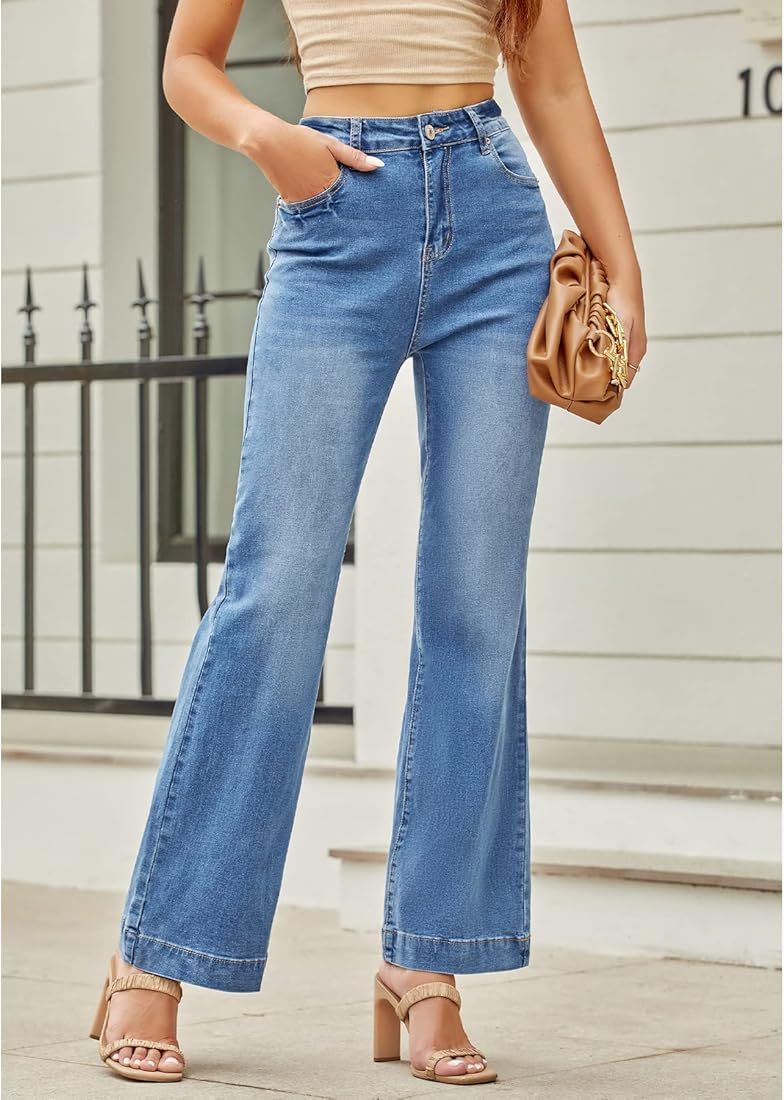 Koinshha Womens Flare Jeans High Waisted Wide Leg Baggy Stretch Boyfriend Denim Pants Trendy | Amazon (US)