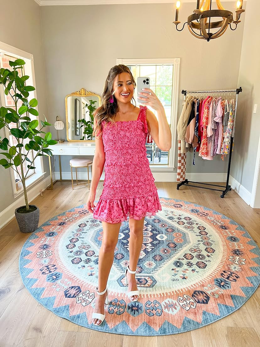 Fazortev Womens Summer Ruffle Smocked Mini Dress Sleeveless Floral Print Tiered Tie Slim Fit Shor... | Amazon (US)