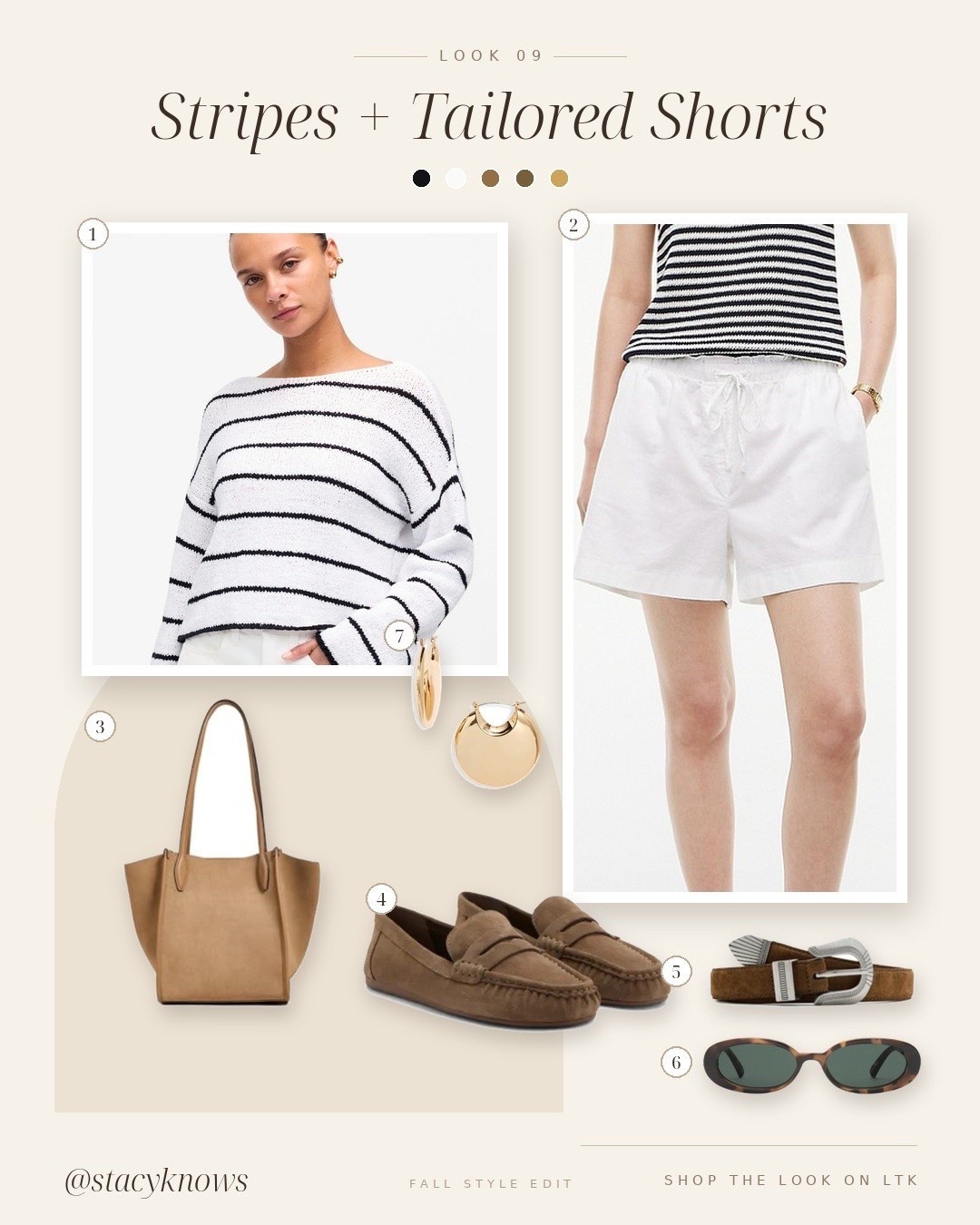 Fall Style Edit 09: Stripes + Tailored Shorts. A striped knit with white shorts, suede loafers and a tan tote. Simple, polished, and ready for a warm fall day. #fallstyle #falloutfits #stripedknit #tailoredshorts #womenover40