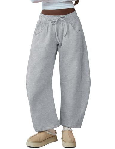 HeSaYep Women's Barrel Leg Sweatpants Drawstring Wide Leg Lounge Pants Baggy Casual Cotton Sweat Pants with Pockets,Light Grey XS | Amazon (US)