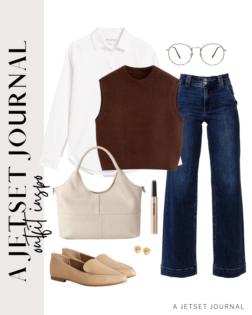 Gleeivy’s button-down shirt plus Astylish jeans are perfect with this brown sweater vest. These Amazon Essentials loafer flats and a satchel bag match this look. Finish the fit with Hourglass Phantom Blur Palm and love-knot stud earrings. 

 #LTKSeasonal #LTKSaleAlert #LTKTravel