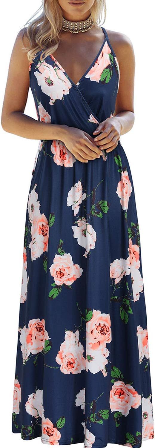 OUGES Womens Summer Deep V Neck Floral Adjustable Spaghetti Strap Beach Maxi Dress | Amazon (US)