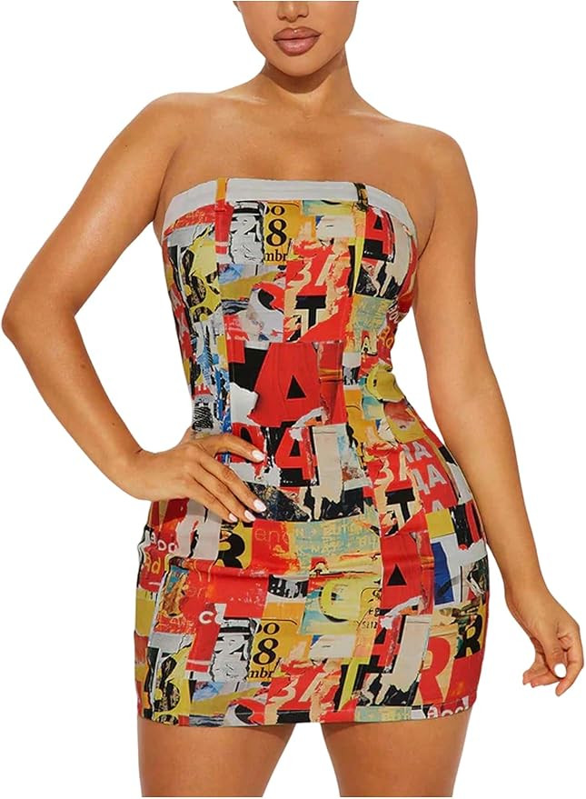 WDIRARA Women's Patchwork Graphic Strapless Tube Dress Sleeveless Mini Bodycon Dresses | Amazon (US)