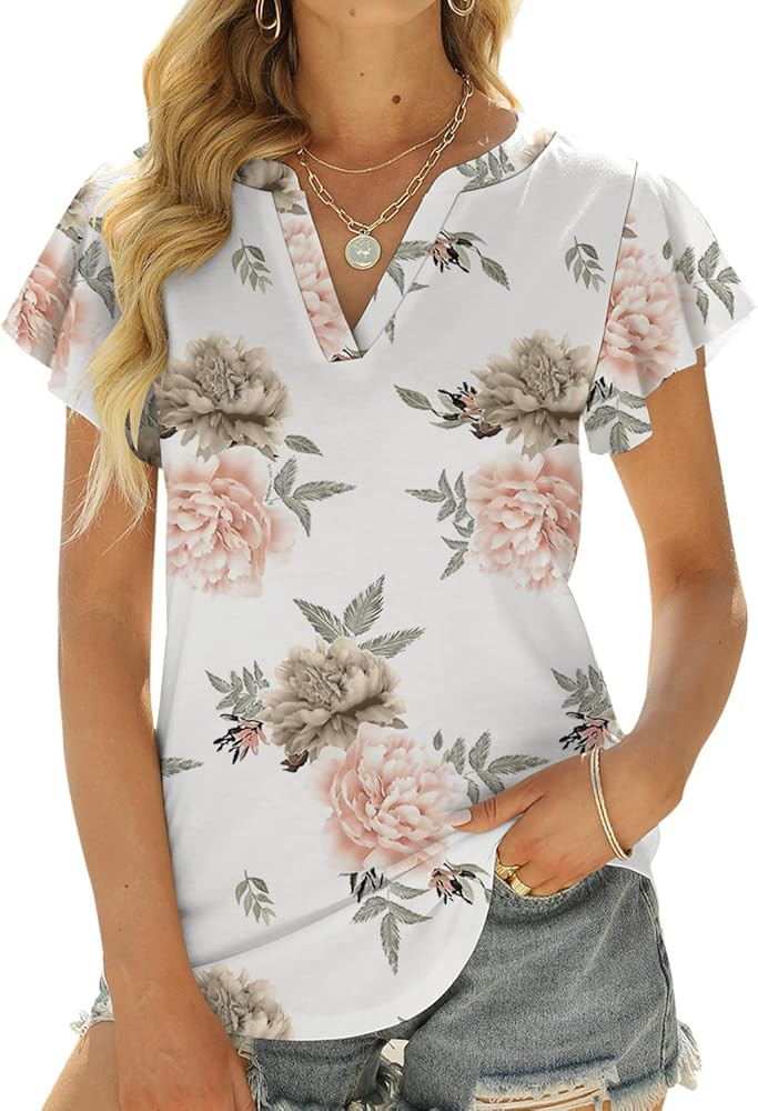Womens Business Casual Tops Summer V Neck T Shirt Ruffle Short Sleeve Tunic Blouses for Women | Amazon (US)