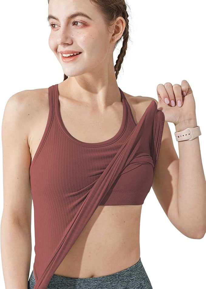 Ribbed Workout Short Racerback Tank Tops for Women with Built in Bra | Amazon (US)
