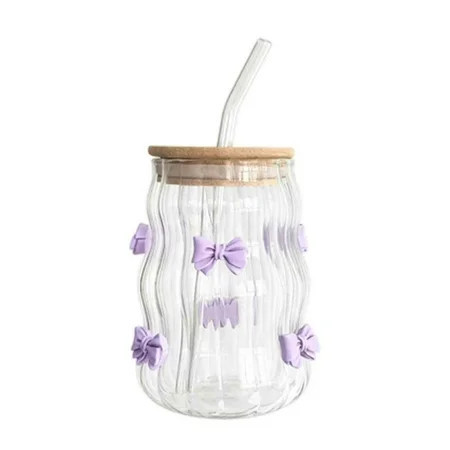 3D Purple Bow Glass Cup with Bamboo Lid & Straw,15OZ Bows Glass Coffee Cups,Bow Tumbler for Iced Coffee/Matcha,Stuff/Birthday Christmas Glassware Gift | Walmart (US)