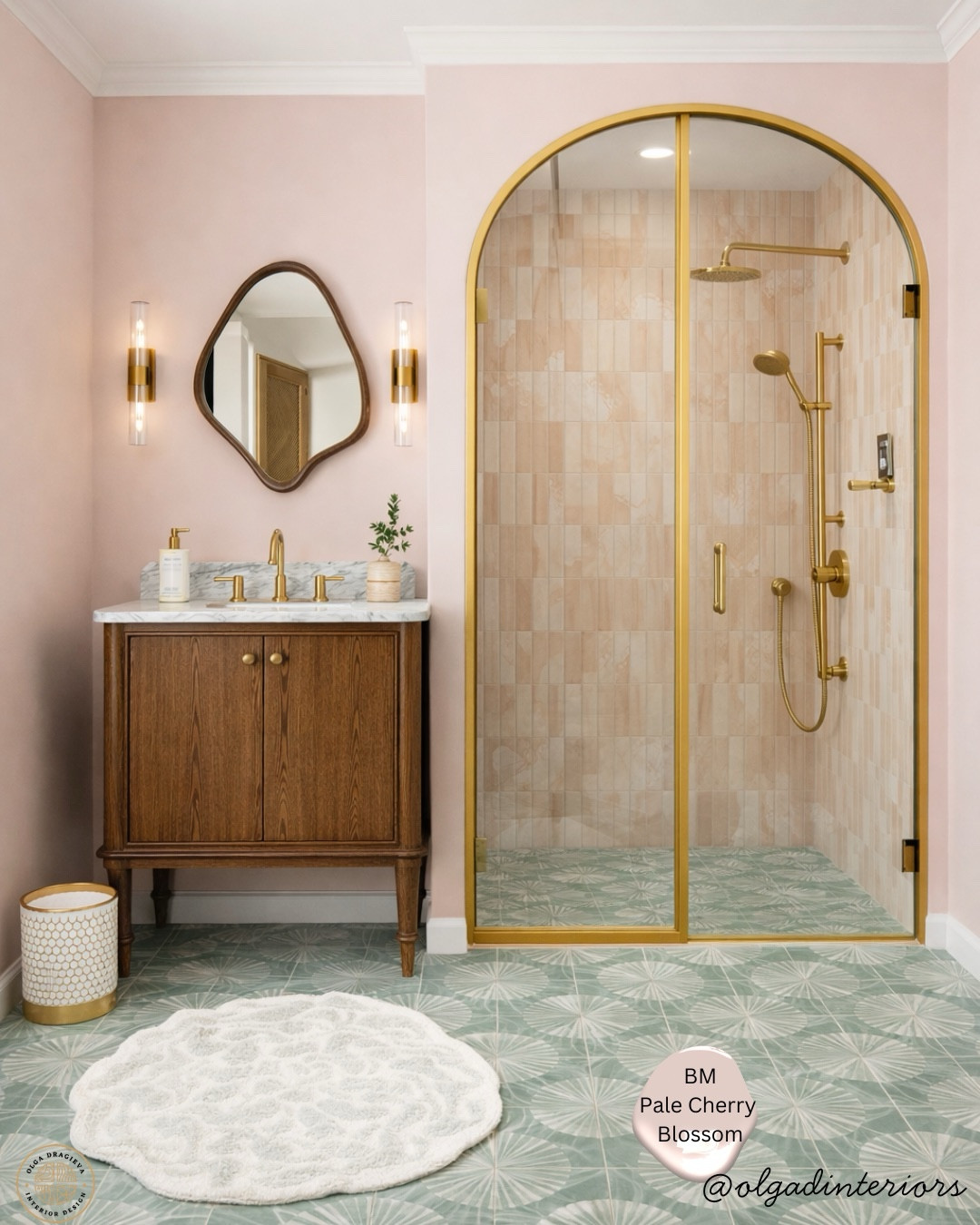 Bathroom mood board! Bathroom design inspiration. Bathroom vanity, bath rug, curvy mirror, wall sconces, shower head. #bathroom #homedecor 

#LTKSeasonal #LTKHome #LTKFamily