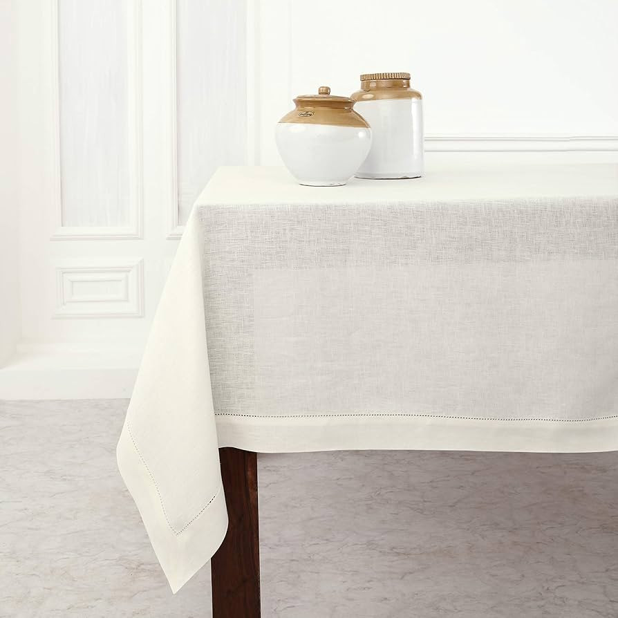 Solino Home Linen Tablecloth 60 x 108 Inch - Classic Hemstitch 100% Pure Linen Ivory Table Cloth ... | Amazon (US)