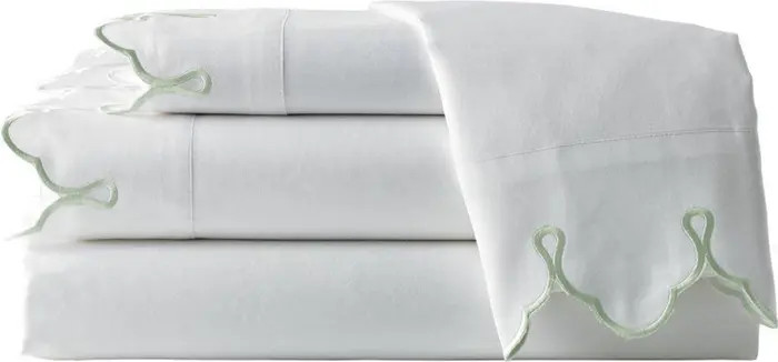 Scalloped Embroidered King Sheet Set White/Green | Nordstrom Rack