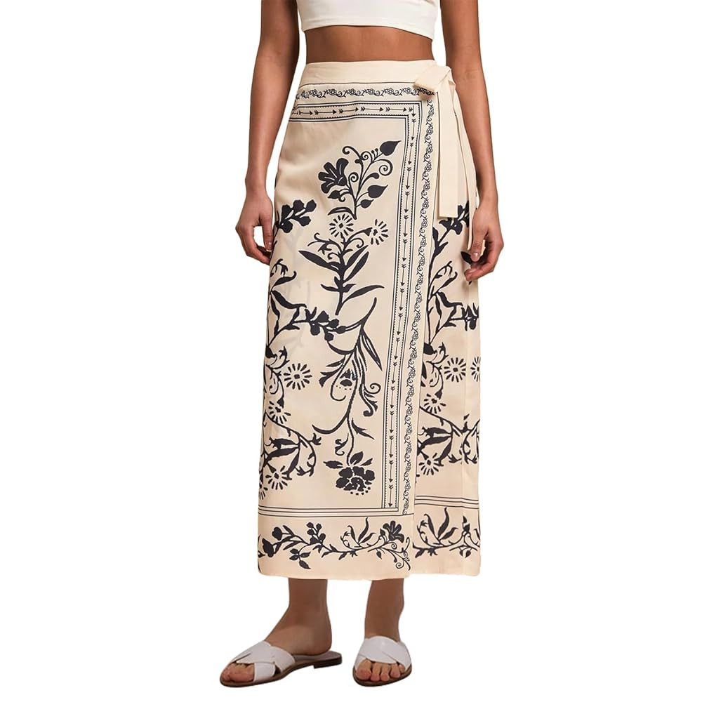 Womens Floral Wrap Midi Skirt Summer Adjustable Tie Side Casual High Waist A Line Beach Boho Long... | Amazon (US)
