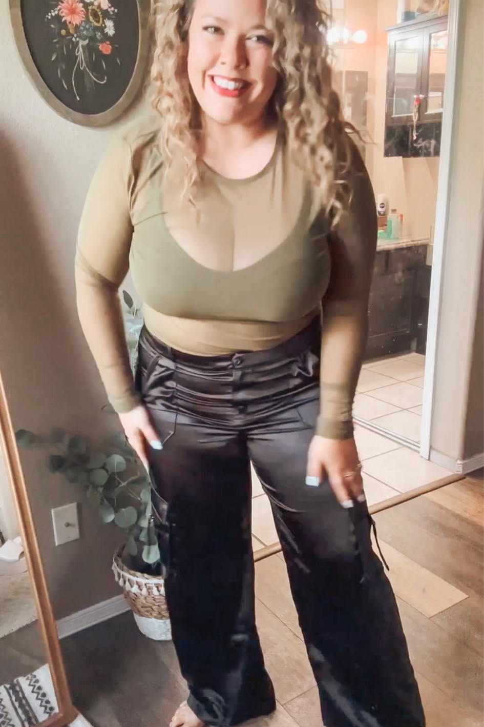 Satin cargo pants and sheer top from Amazon 

#LTKmidsize