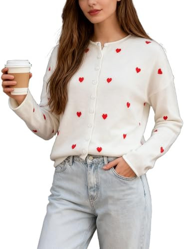 Dqbeng Cardigan Sweaters for Women Valentine Heart Sweater Lightweight Loose Button Up Knit Tops (White-S) | Amazon (US)