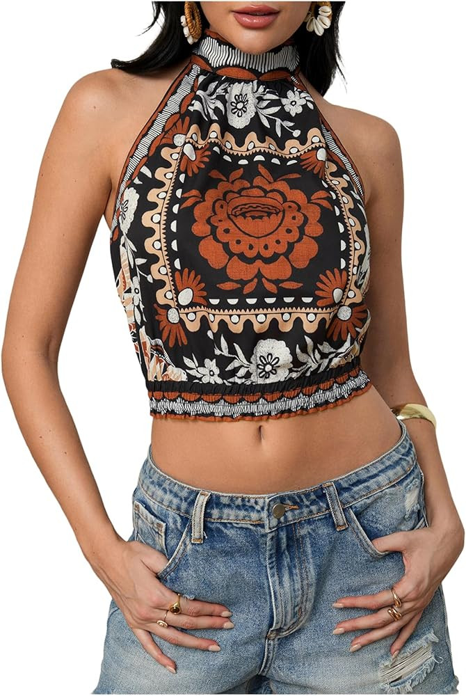 SweatyRocks Women's Boho Summer Halter Crop Tops Sleeveless Shirred Tie Backless Tank Top | Amazon (US)