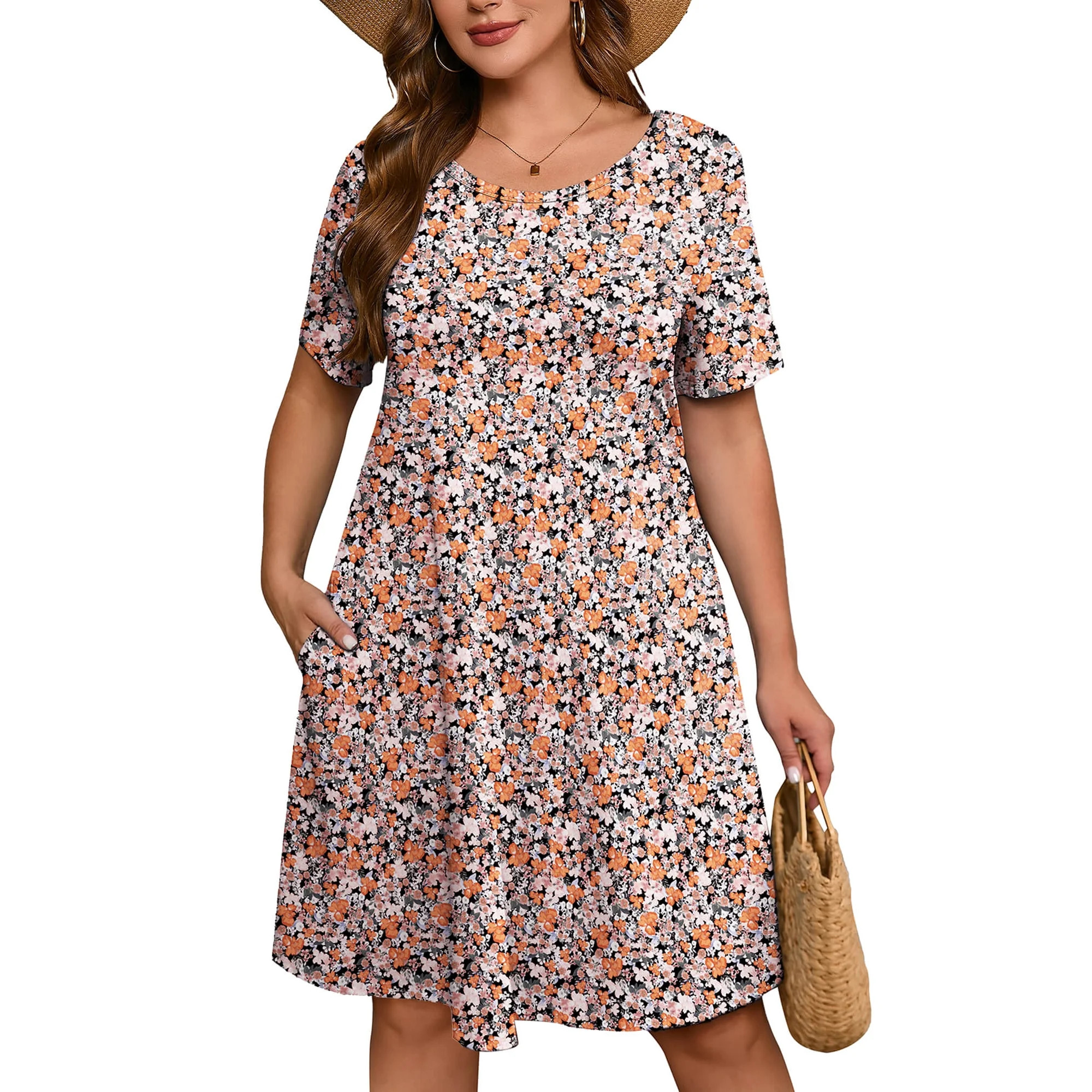 SHOWMALL Women's Plus Dresses Short Sleeves Floral Casual T-Shirt Dresses with Pockets 3X Luxuria... | Walmart (US)