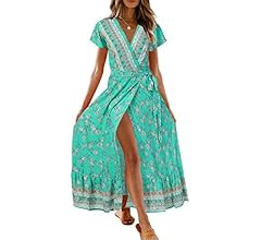 ZESICA Women's 2023 Bohemian Floral Printed Wrap V Neck Short Sleeve Split Beach Party Maxi Dress | Amazon (US)