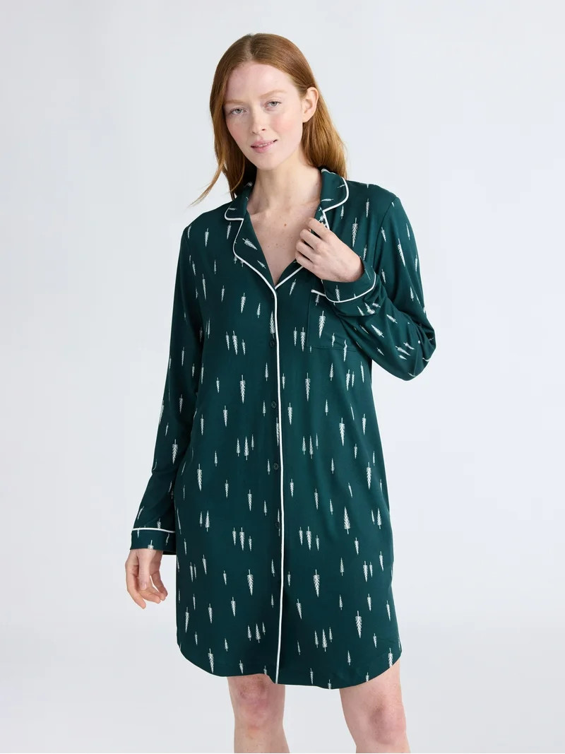 Joyspun Women's Dreamy Soft Collection Notch Collar Sleepshirt with Long Sleeves, Sizes S-4X | Walmart (US)