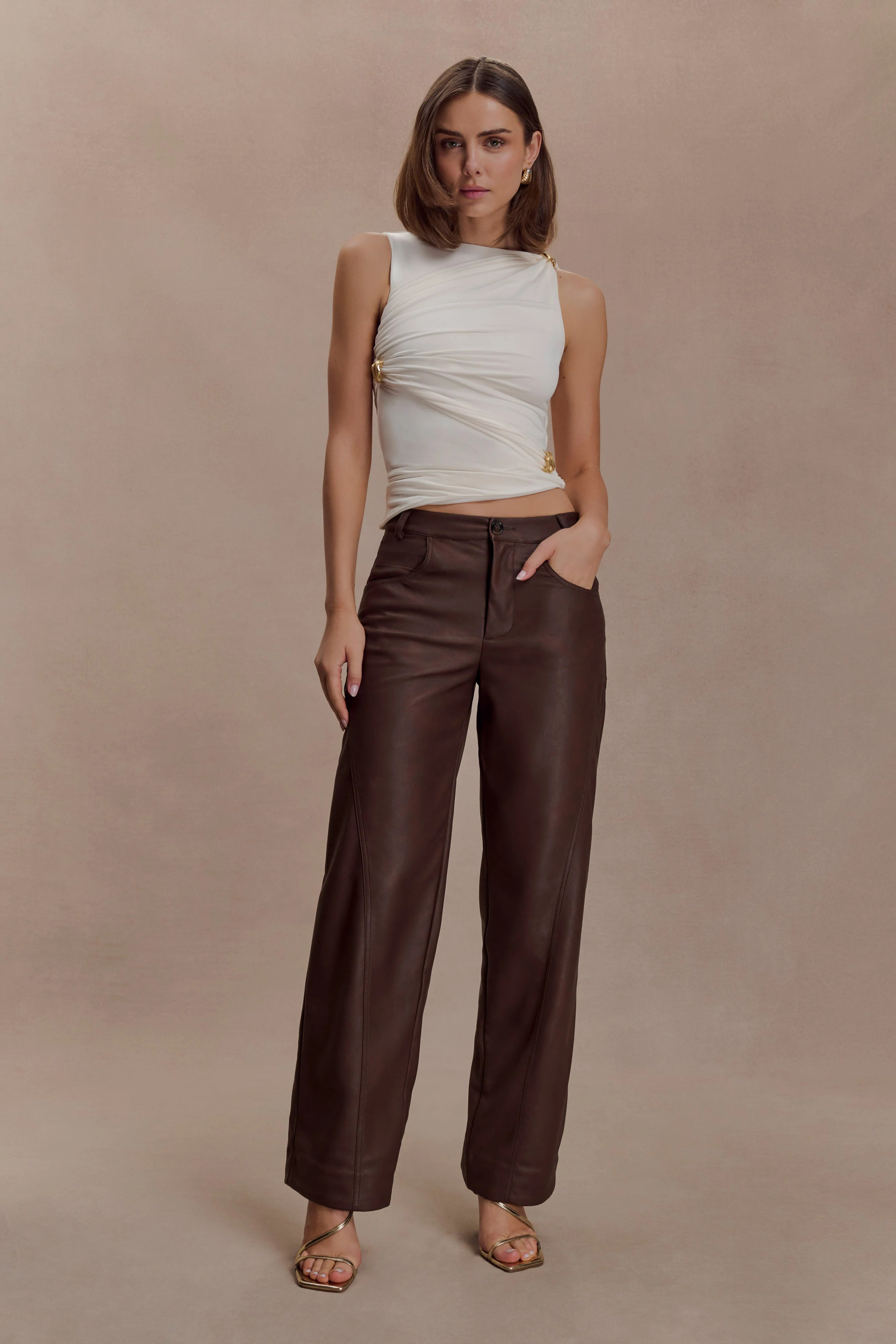Faux Leather Mid Rise Pants - Dark Chocolate | MESHKI US