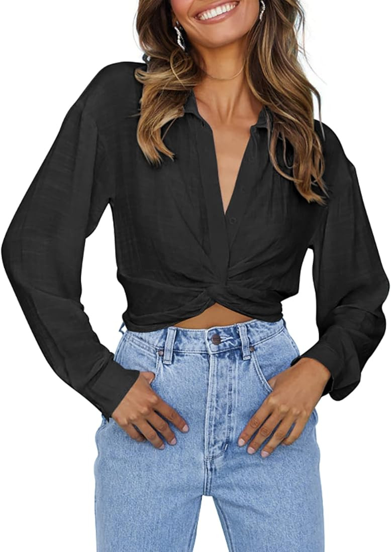 Zeagoo Women's V Neck Twist Hem Blouse Long Sleeve Crop Top Casual Button Shirts | Amazon (US)
