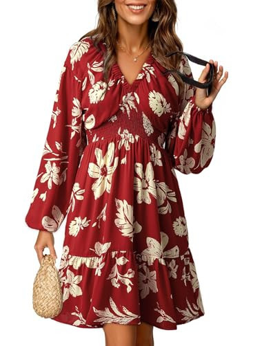 Dokotoo Fall Dresses for Women Babydoll Dress Sundress, Dark Red, X-Large | Amazon (US)