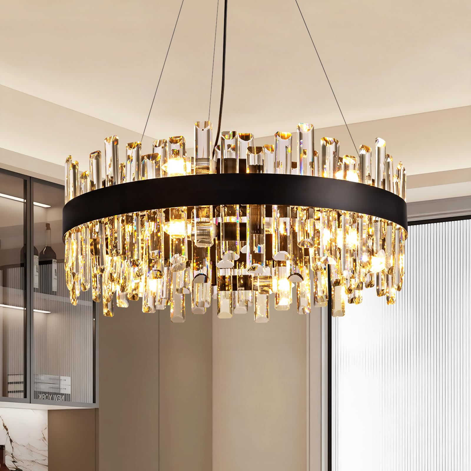 Siljoy 23.6'' Modern Crystal Chandelier, Luxury 2-Tiers Raindrop K9 Crystal Adjustable Flush Moun... | Amazon (US)