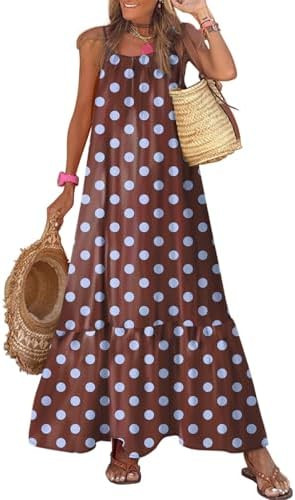 Dokotoo Women Summer Dresses 2026 Spaghetti Strap Scoop Neck Smocked Ruffle Flowy Boho Maxi Dress | Amazon (US)