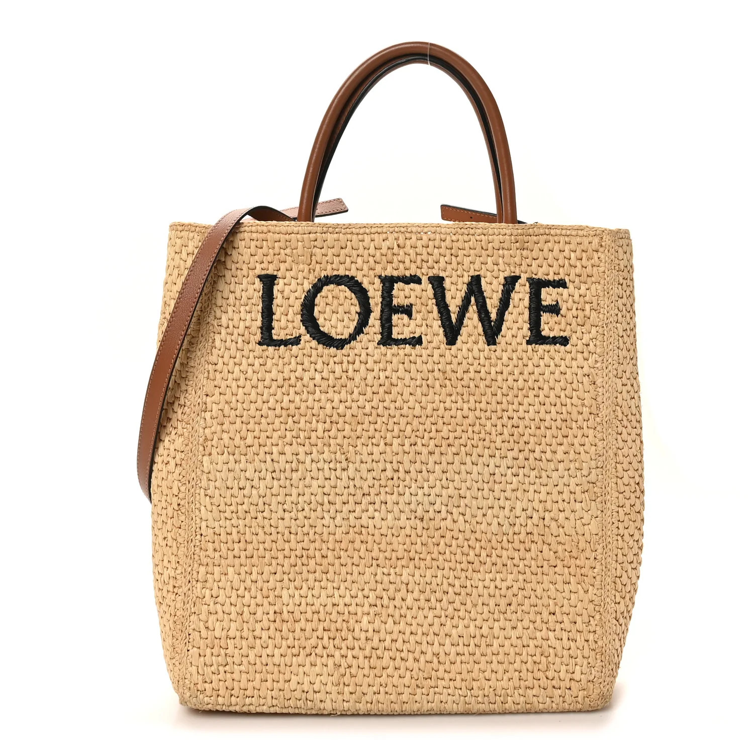 Raffia Calfskin Standard A4 Tote Bag Natural Black | FASHIONPHILE (US)