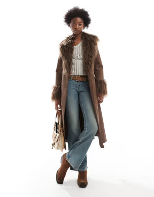 Reclaimed Vintage brown longline leather look trench with faux fur collar | ASOS (Global)