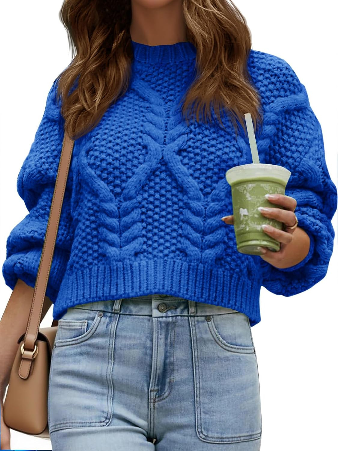 Saodimallsu Womens Cable Knit Cropped Sweater Fall Chunky Puff Long Sleeve Crewneck Loose Casual Pullover Tops | Amazon (US)
